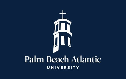 Against a dark blue background is the white silhouette of a lighthouse with a cross on the top. Below reads "Palm Beach Atlantic University."