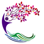 Image of a tree in a crescent moon shape. Leaves are red, pink, and purple; trunk of the tree is a purple abstract person in purple; roots are green and blue waves with a small fish in the middle.