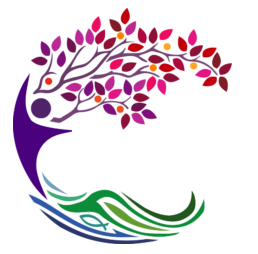 Image of a tree in a crescent moon shape. Leaves are red, pink, and purple; trunk of the tree is a purple abstract person in purple; roots are green and blue waves with a small fish in the middle.