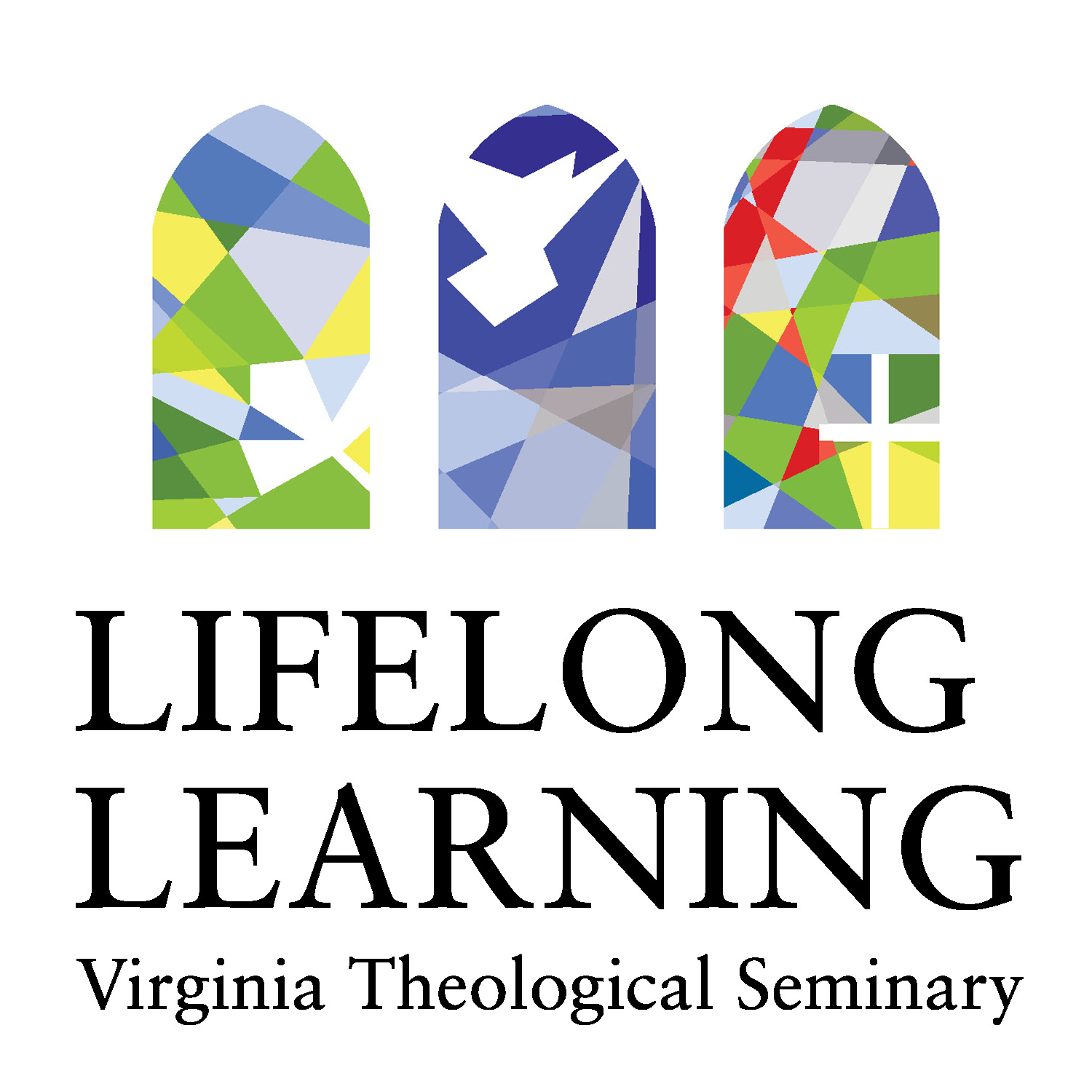 Images of 3 stained glass windows filled with abstract images. Below is the text, "Lifelong Learning: Virginia Theological Seminary"