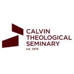 Two geometric shapes, one leaning to the right and one to the left, are stacked to the left of the text, "Calvin Theological Seminary, est. 1876."