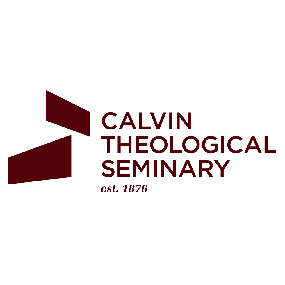 Two geometric shapes, one leaning to the right and one to the left, are stacked to the left of the text, "Calvin Theological Seminary, est. 1876."
