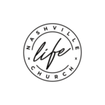 The image is a white circle with black outlines and text. The text reads, Nashville life Church.