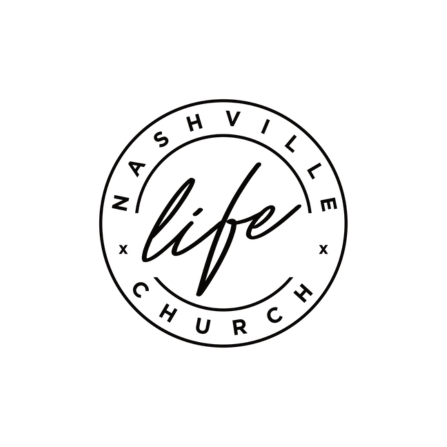 The image is a white circle with black outlines and text. The text reads, Nashville life Church.