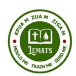 The center of this image is a green circle with a white book outline. In the book is a white cross and water droplet. Below, in white letters, is LEMATS. Around that is a white circle with green outline and green text reading "KPUA M ZUA M ZIGA M Mould Me Train Me Send Me."