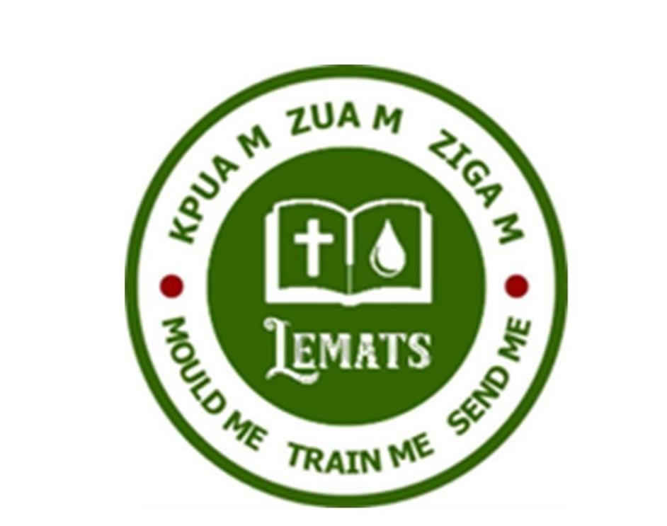 The center of this image is a green circle with a white book outline. In the book is a white cross and water droplet. Below, in white letters, is LEMATS. Around that is a white circle with green outline and green text reading "KPUA M ZUA M ZIGA M Mould Me Train Me Send Me."