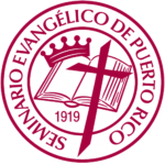 In the center of a red circle is an image of a book, a crown, a cross, and the text 1919. Around this, in another larger circle, is the text "Seminario Evangelico de Puerto Rico."
