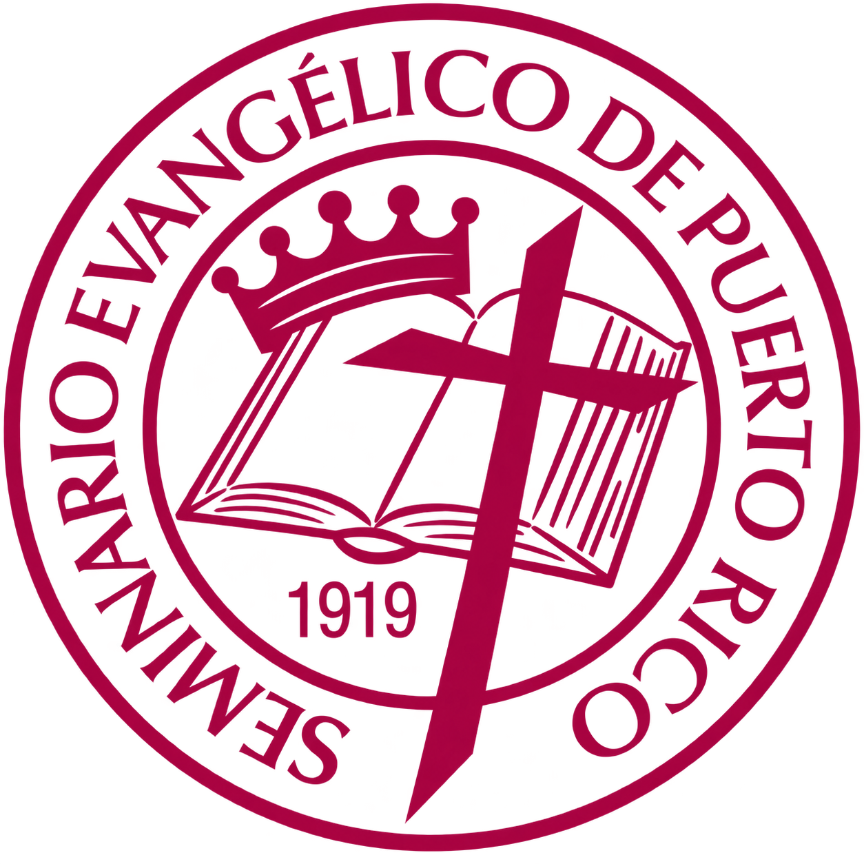 In the center of a red circle is an image of a book, a crown, a cross, and the text 1919. Around this, in another larger circle, is the text "Seminario Evangelico de Puerto Rico."