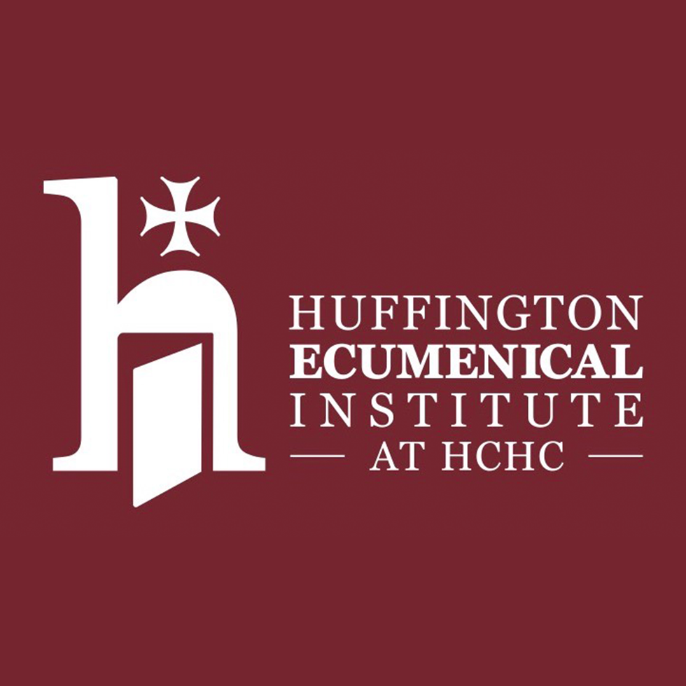 Image is a lowercase "H" with an opening door and an Orthodox Cross. To the right is the text, 'Huffington Ecumenical Institute at HCHC". Text and image are white on a maroon background.