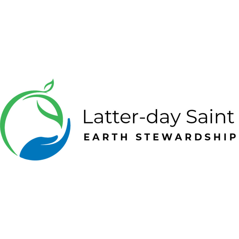 The logo on the left is a blue hand cupped to the right with a green stem and leaf creating a circle. To the right is the text, "Latter-day Saint Earth Stewardship."