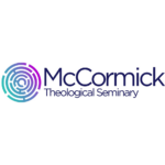 A maze-like circle in shades of blue and purple is on the left. To the right is the text "McCormick Theological Seminary"