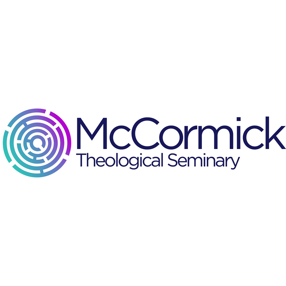 A maze-like circle in shades of blue and purple is on the left. To the right is the text "McCormick Theological Seminary"
