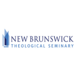 Blue trapezoids overlap and point upward. Blue letters to the right of the logo spell out "New Brunswick Theological Seminary."