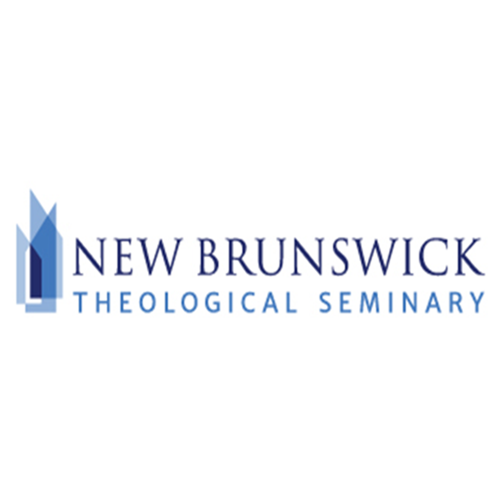 Blue trapezoids overlap and point upward. Blue letters to the right of the logo spell out "New Brunswick Theological Seminary."