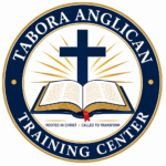 Logo from the outside in: a thin gold circle, a thick blue circle with white text "Tabora Anglican Training Center", a thin gold circle. Inside is a blue cross on top of an open blue, gold, and white book. Gold lines radiate out of the cross/book. Below the book is the text "Rooted in Christ, Called to Transform."