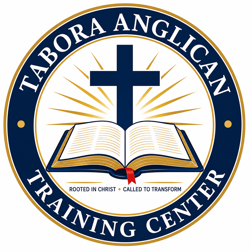 Logo from the outside in: a thin gold circle, a thick blue circle with white text "Tabora Anglican Training Center", a thin gold circle. Inside is a blue cross on top of an open blue, gold, and white book. Gold lines radiate out of the cross/book. Below the book is the text "Rooted in Christ, Called to Transform."